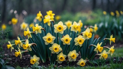 Obraz premium Daffodils in yellow blooming on a flowerbed