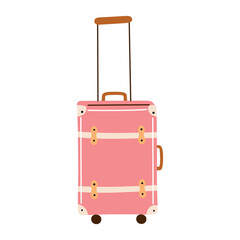 Flat cartoon illustration of pink vintage suitcase with wheels, travel accessories for women, solo vacation theme. Cute icon for travel blogs, holiday advertisements, and vacation planning materials
