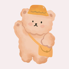 Cute Cartoon Bear with a Hat and a Shoulder Bag Waving watercolor design