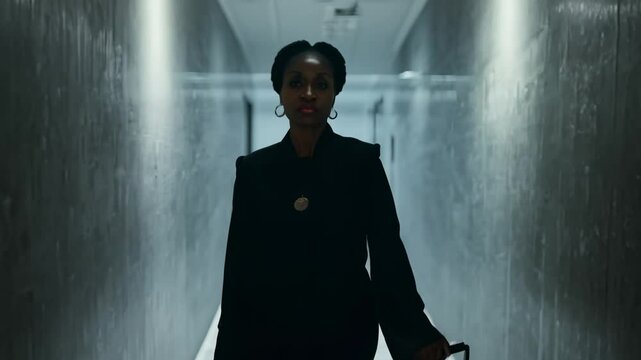 Nigerian woman in iro and buba walks confidently, facing the camera, down a dimly lit corridor, she looks serious carrying a briefcase, dolly zoom out, low key