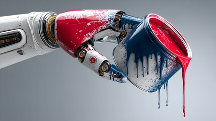 Fototapeta premium A robotic arm with red and white paint splatters delicately holds a paint can dripping blue and red paint.
