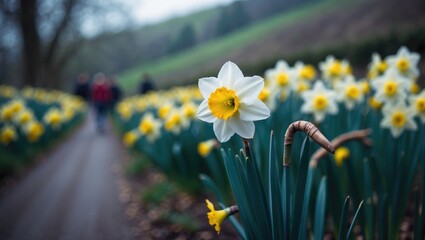 Obraz premium Daffodil field in full bloom on the hillside
