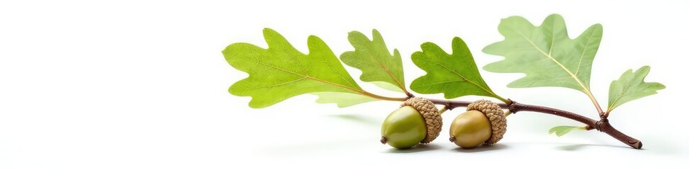 Single oak branch with acorns on white background, leaf, acorn, branch