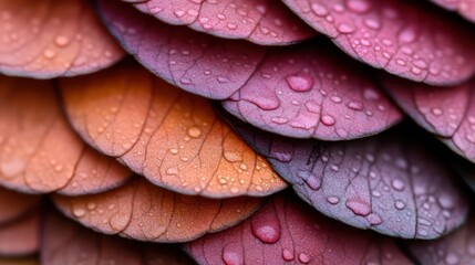 Fototapeta premium Petals of Rain: Close-up of stacked, colorful petals, each adorned with delicate water droplets, creating a visually stunning display of nature's artistry.