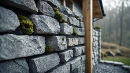Newly built dry stone wall adjacent to a refurbished home featuring natural background texture and handcrafted architecture