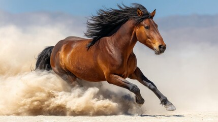 Obraz premium Majestic brown horse galloping across sandy terrain with flowing mane and playful energy under a clear blue sky
