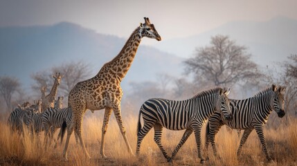 Obraz premium Giraffe and Zebras Walking Together in a Safari Landscape with Soft Light and Mountain Background at Dusk