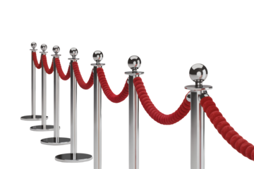 Close-up of a row of shiny silver stanchions with a luxurious red velvet rope against transparent background, concept for event planning, VIP access, and exclusive luxury branding