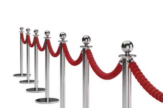 Close-up of a row of shiny silver stanchions with a luxurious red velvet rope against transparent background, concept for event planning, VIP access, and exclusive luxury branding