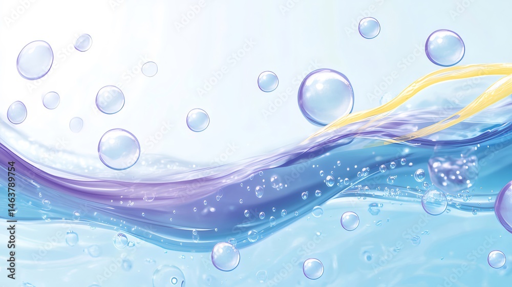 Aufkleber 水彩グラデーションの背景に水面波と浮かぶ泡の抽象デザイン