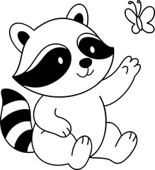 Cute raccoon character waving at butterfly, showcasing playful and friendly expression