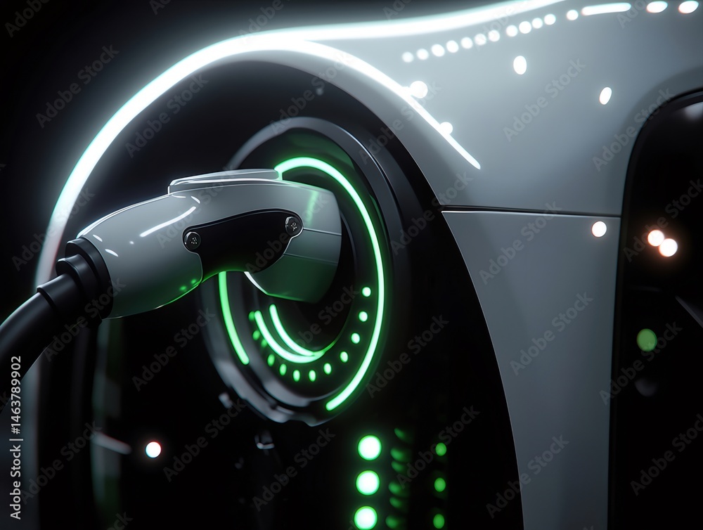 Poster 未来的な電気自動車充電プラグとグリーンの光のハイライト黒の背景におけるバッテリー接続の技術的な進歩