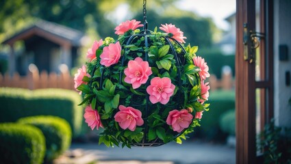 Decorative round flower ball made of artificial blooms by the doorway
