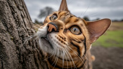 Obraz premium Curious Bengal Cat Investigating Tree Bark with Intense Gaze on a Cloudy Day in Natural Outdoor Environment
