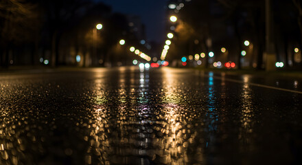 An Abstract Photo Of Wet Asphalt Road Reflecting City Lights At Night