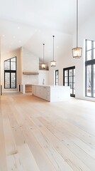 Obraz premium Light-filled, modern kitchen with high ceilings, island, and large windows