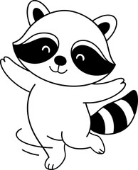Cute raccoon character dancing joyfully with playful expression and outstretched arms