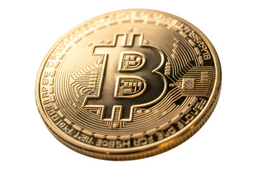 Close-up view of a gold Bitcoin cryptocurrency coin against transparent background, concept for financial technology and digital currency illustrations