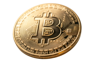 Close-up view of a gold Bitcoin cryptocurrency coin against transparent background, concept for financial technology and digital currency illustrations