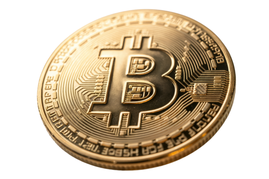 Close-up view of a gold Bitcoin cryptocurrency coin against transparent background, concept for financial technology and digital currency illustrations