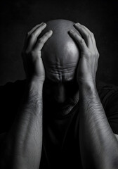 Monochrome Photo Of A Stressed Man Holding His Head With Glitter In Black And Grey