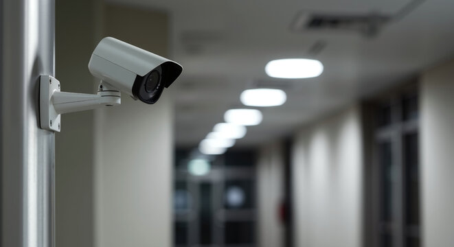 Security camera mounted on white wall in office corridor. Modern surveillance system with ceiling lights. Safety and monitoring concept. Building security equipment. Horizontal banner