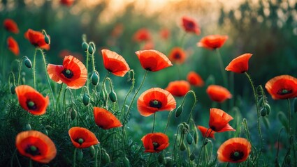 The poppy, a flowering herbaceous plant, features red petals and completes its lifecycle annually.