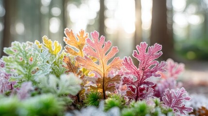 Frosty Colorful Leaves in a Sunlit Forest Setting at Dawn