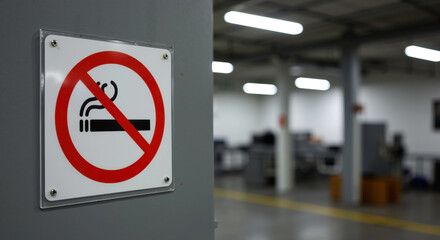 No smoking sign in industrial facility. White wall mounted prohibition symbol with red circle. Workplace safety and health regulations concept. Fire prevention measures. Horizontal banner