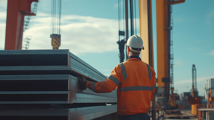Construction Worker Inspecting Steel Beams at a Site