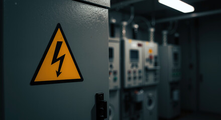 High voltage warning sign on electrical panel. Yellow triangular hazard symbol with lightning bolt. Electrical safety and danger notification concept. Industrial power equipment