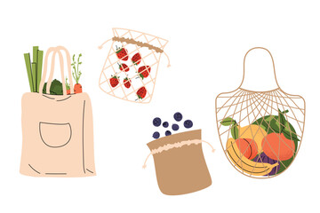 Reusable bags with fresh vegetables, strawberries, blueberries, and assorted fruits. Eco-friendly shopping concept in flat style on white background. Vector illustration