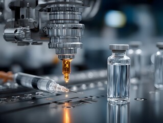 High-precision robotic arm fills pharmaceutical vials with medication in a sterile laboratory setting showcasing advanced automation technology for