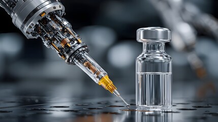 A robotic arm precisely fills a glass vial with a clear liquid using a sterile sye in a high tech laboratory setting.