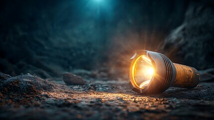 Lit flashlight illuminates a dark cave, shining brightly with warm glow