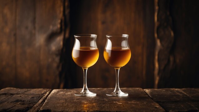 Romantic dinner setup featuring two glasses of sherry on a wooden bar with background