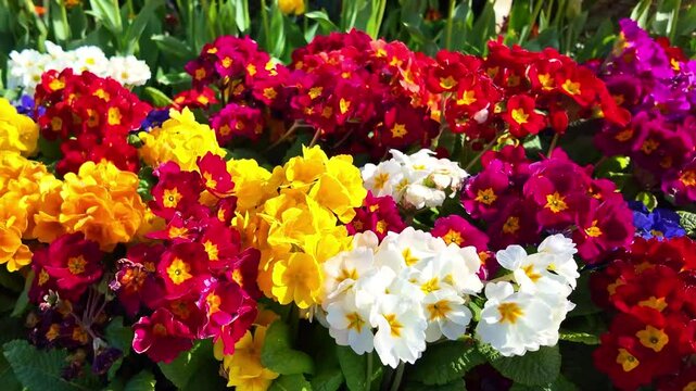 Vibrant multicolored primrose flowers gently swaying in the wind, yellow, red, white, purple, sunny garden, ideal for spring, nature background. Close-up