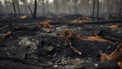 Fototapeta premium Ash-covered ground highlighting ecological damage and forest loss