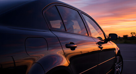 Automobile Photo Against Sunset Sky with Orange Reflection and Dark Silhouette