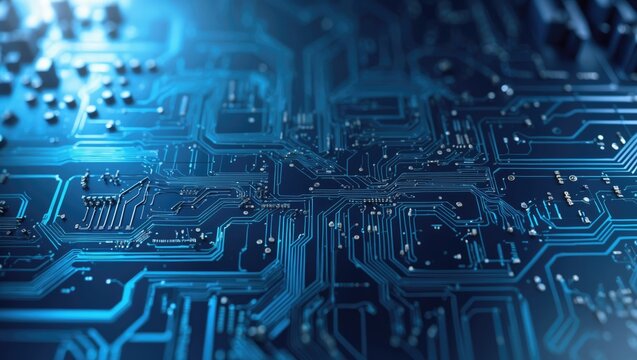 Close-up of a blue digital circuit board with abstract network elements