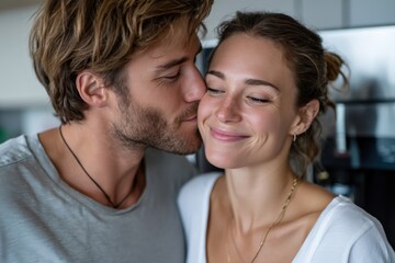Obraz premium This intimate moment showcases a couple sharing a warm kiss, surrounded by the comforts of their kitchen, encapsulating love, happiness, and emotional connection.
