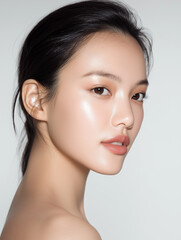 Obraz premium A portrait of a young Asian woman with flawless skin and soft makeup, captured in clean studio light. The smooth tone and elegant atmosphere make it perfect for skincare and cosmetic advertisements.