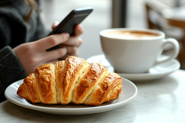 Woman Using Smartphone with Coffee and Croissant at Cafe