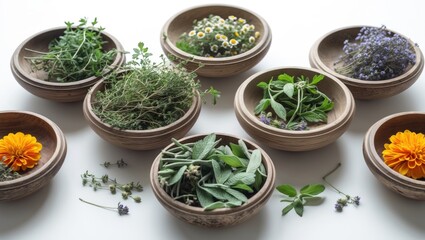 Herbal and spice collection featuring thyme, chamomile, peppermint, nettle, sage, and marigold in wooden bowls
