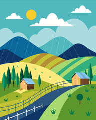 Surrounded by rolling hills the solarpowered livestock fencing is an unobtrusive addition to the natural landscape.. Vector illustration