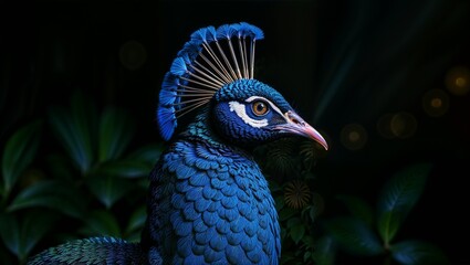 A majestic peacock, iridescent blue and green feathers glowing under soft spotlight, subtle dark garden background