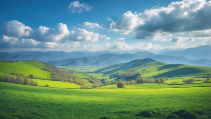 Fototapeta premium Beautiful outdoor view of rural farmland with rolling hills, green grass, and a blue sky.