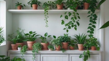 Fototapeta premium Home interior with potted exotic plants, foliage, and floral decoration