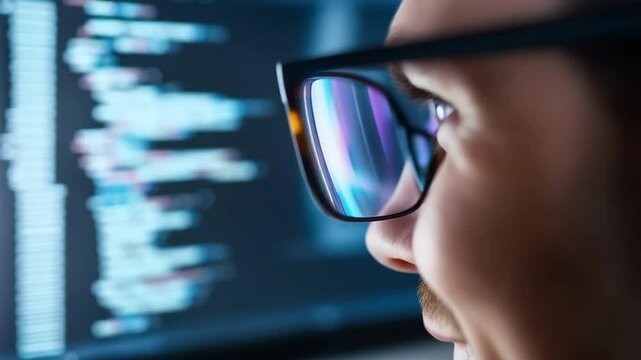 A man wearing glasses is looking at a computer screen with a lot of code on it. Concept of someone working on a computer, possibly a programmer or a software developer. Scene is focused and serious