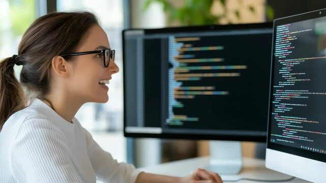 A woman is sitting at a desk with two computer monitors in front of her. She is wearing glasses and she is focused on her work